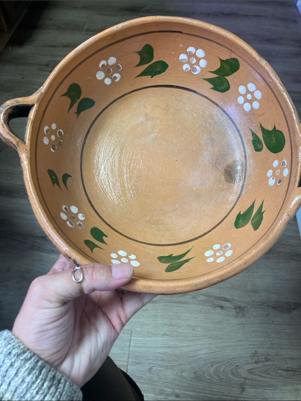 Hand Crafted Terracotta Serving Bowl with Green and White Floral Motif - Picture 7 of 8